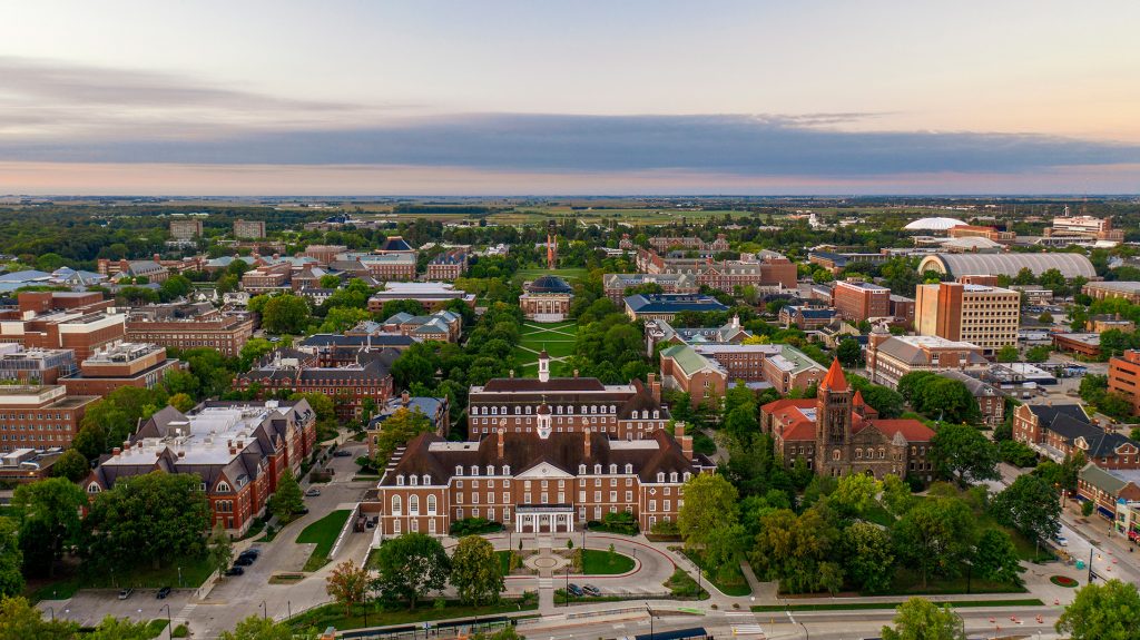 Aerial photograph of the University of Illinois campus during the day.