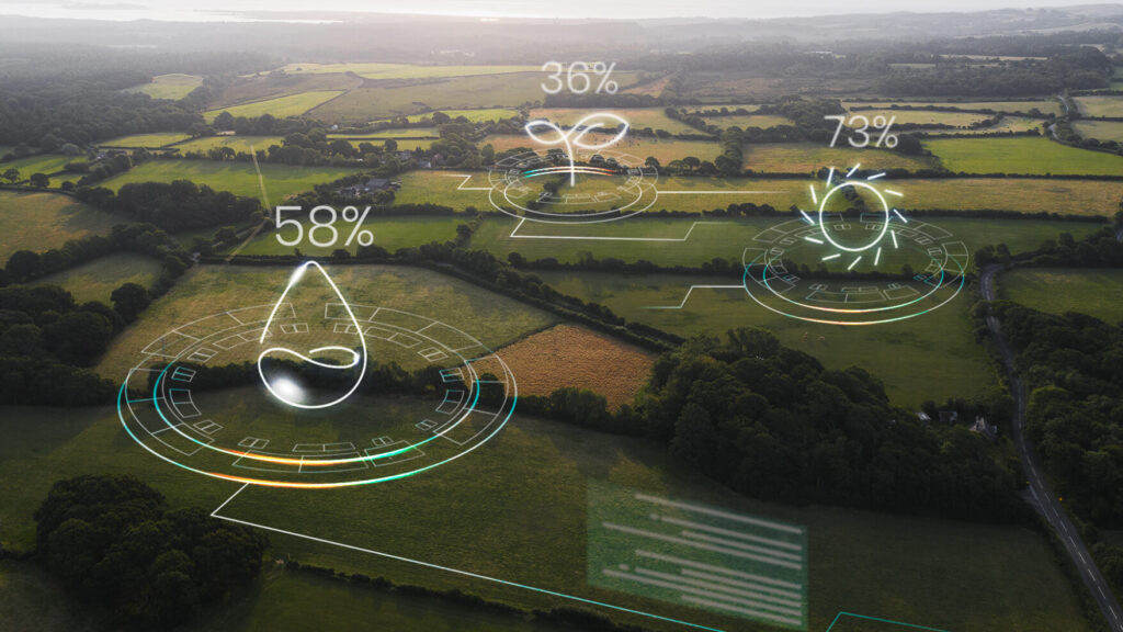 A stylized graphic with AI processes imposed over an aerial shot of a crop field.